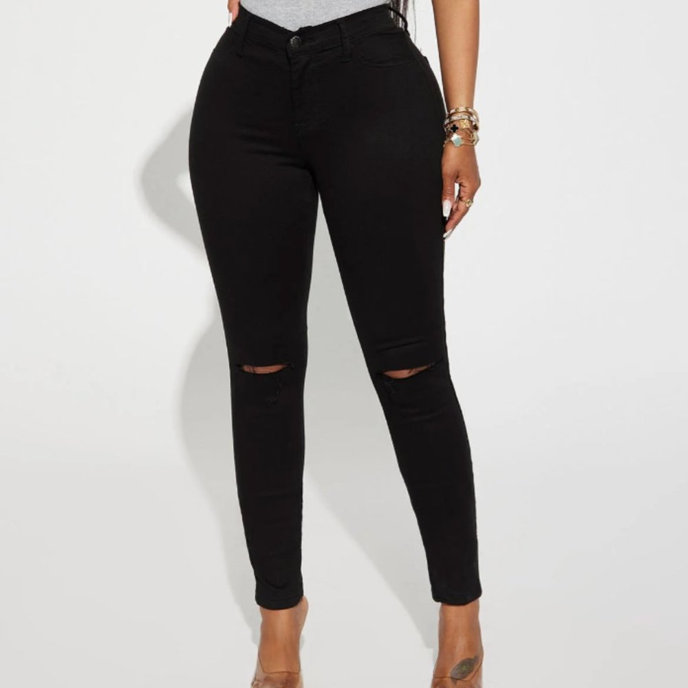 Black High Waist Slit Knee Stretch Jeans